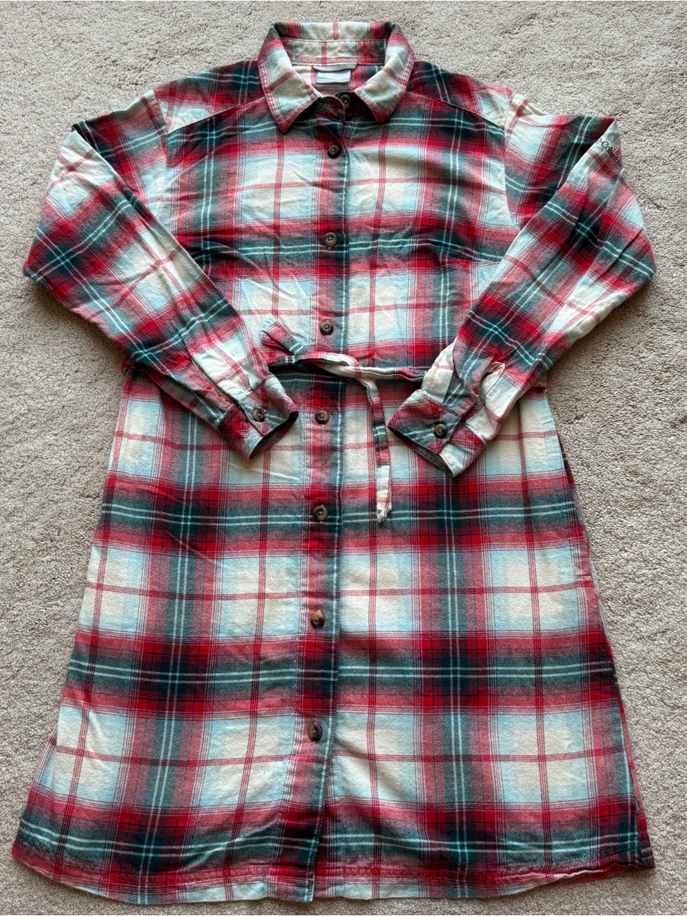 Columbia Women’s Plaid Flannel Shirt Dress Belted Long Sleeve Red Cream Small